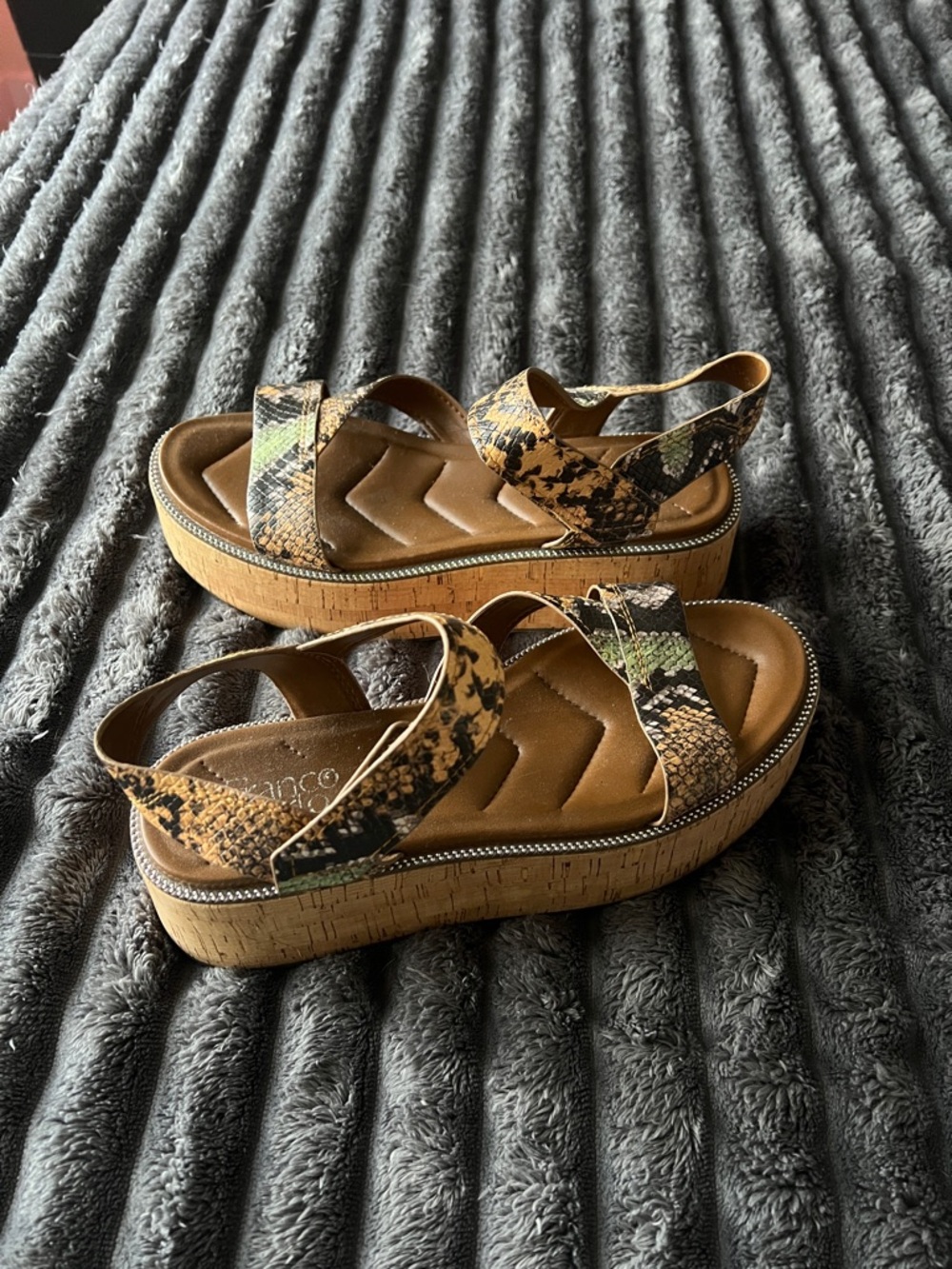 Franco Sarto Snake-Print Platform Sandals in Brown, Beige & Green